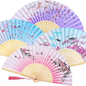 zonon 4 pack handheld floral folding fans hand held fans silk bamboo fans with tassel women hollowed hand foldable fan with fabric sleeve for dancing wedding decoration gifts(classic)