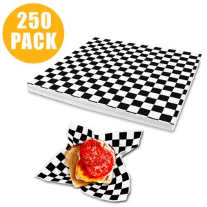 Fit Meal Prep [250 Sheets] 12x12" Deli Paper Sheets, Black and White Checkered Dry Waxed Sandwich Wrapping Paper, Grease-Proof Wax Paper for Food Basket, Picnic, Barbecue, Restaurants, Burgers, Fries