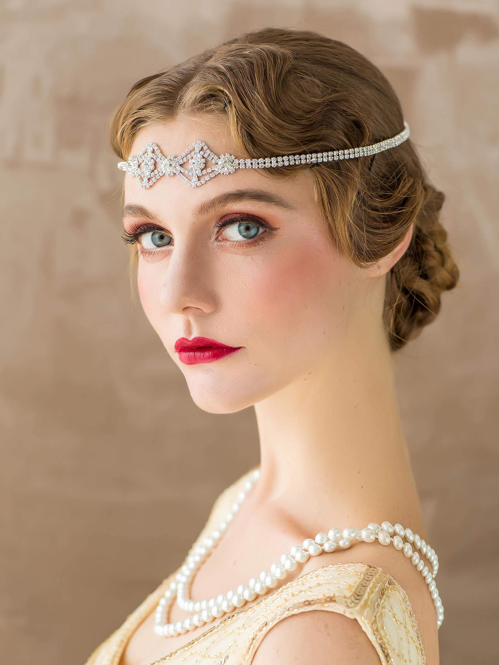 SWEETV 1920s Headband for Women-Silver Rhinestone Flapper Headpiece Accessories for Great Gatsby Party