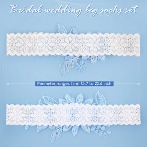 2 Pieces Wedding Garters for Bride Sexy Lace Leg Garter Belt Hand Sewn Faux Pearls Bride Garter Set(Sky Blue)