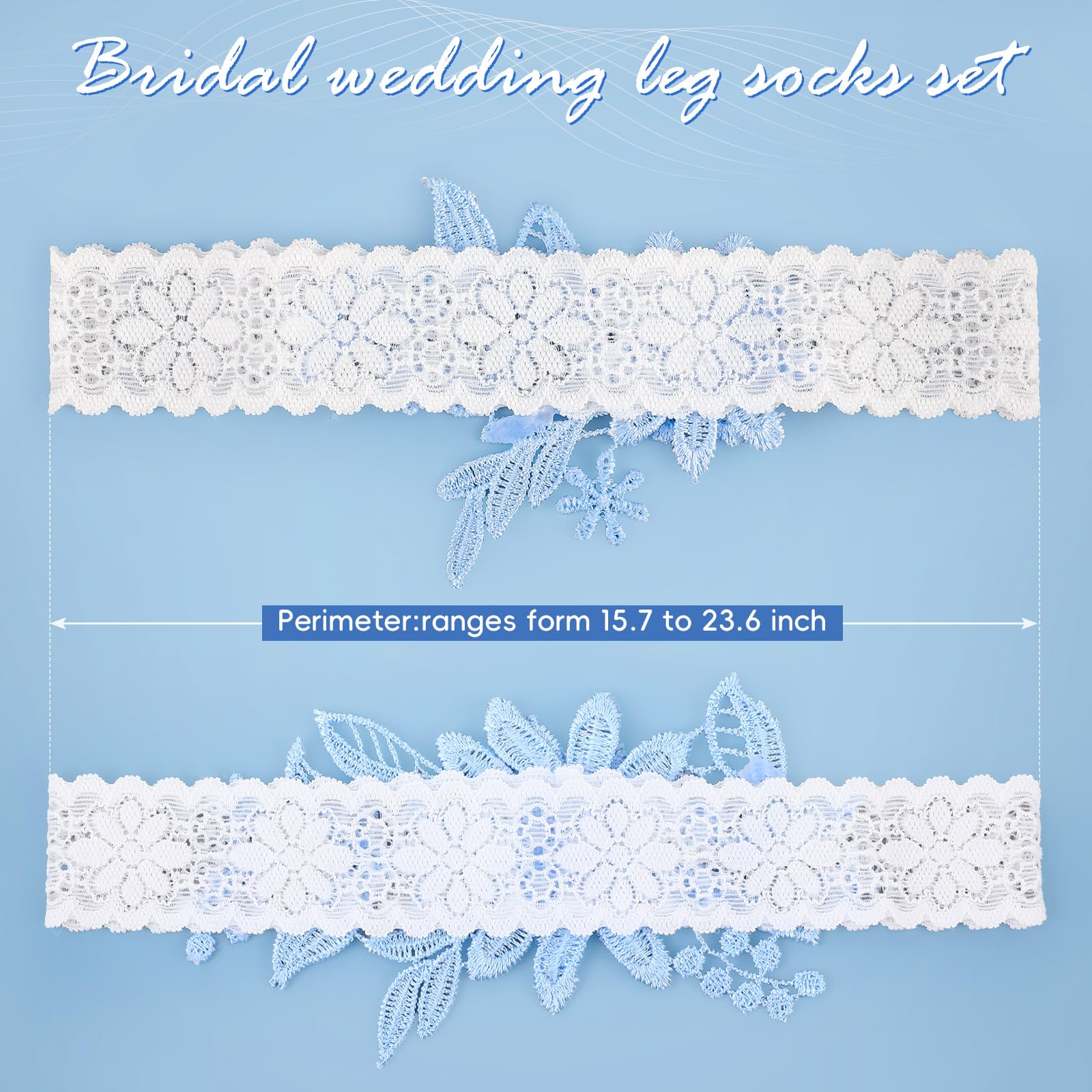 2 Pieces Wedding Garters for Bride Sexy Lace Leg Garter Belt Hand Sewn Faux Pearls Bride Garter Set(Sky Blue)