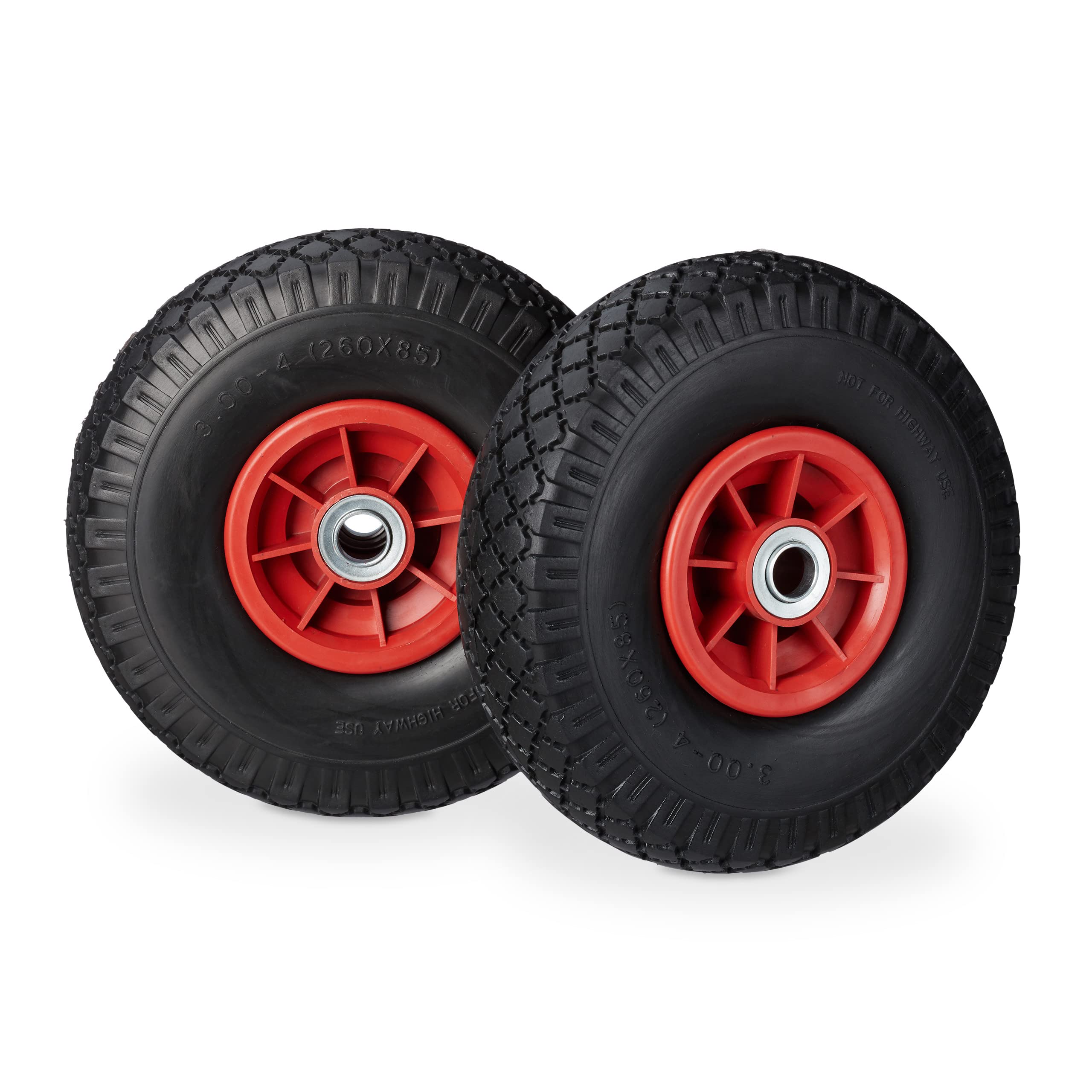 Relaxdays 10026068_261, Black-Red 2 x Hand Truck Tyre, Non-Flat Solid Rubber Wheels, 3.00-4”, 20mm Axle, 80 kg, 260 x 85 mm