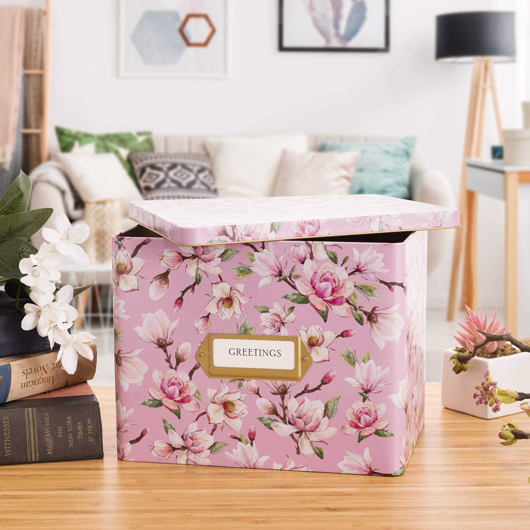 Jot & Mark Greeting Card Organizer Tin Box with Dividers, Cards, and Envelopes (Magnolia)