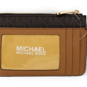 Michael Kors Jet Set Travel Small Top Zip Signature Leather Coin Pouch ID Card Case Wallet In Brown/Acorn