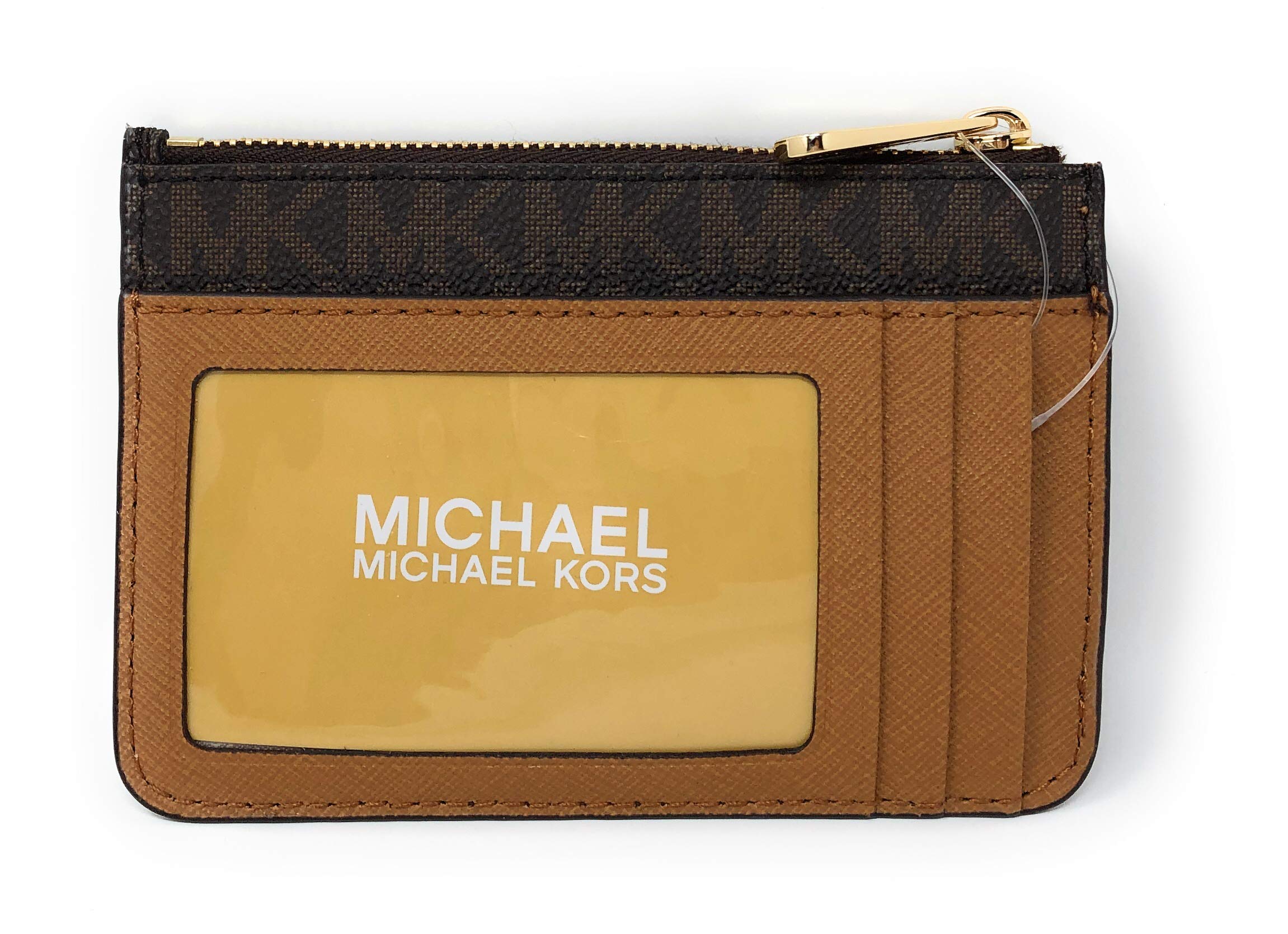 Michael Kors Jet Set Travel Small Top Zip Signature Leather Coin Pouch ID Card Case Wallet In Brown/Acorn