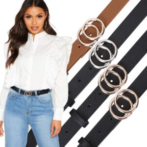 SANSTHS Double Ring Black Leather Belts for Women Gold Buckle Thin Dress Belt for Jeans Pants, Black S