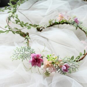 Vivivalue Vine Flower Crown Boho Flower Headband Hair Wreath Floral Headpiece Halo with Ribbon Wedding Party Photos Festival