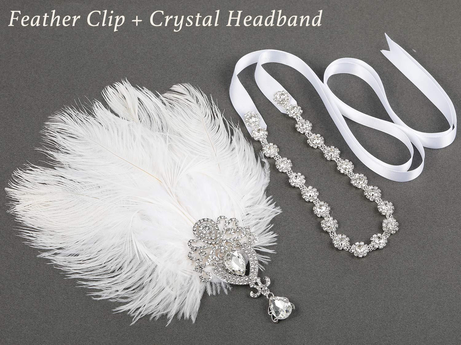 SWEETV 1920s Feather Headpiece Ivory, Womens Ostrich Feather Crystal Headband, Great Gatsby Hair Accessories for Women, Ribbon Tie