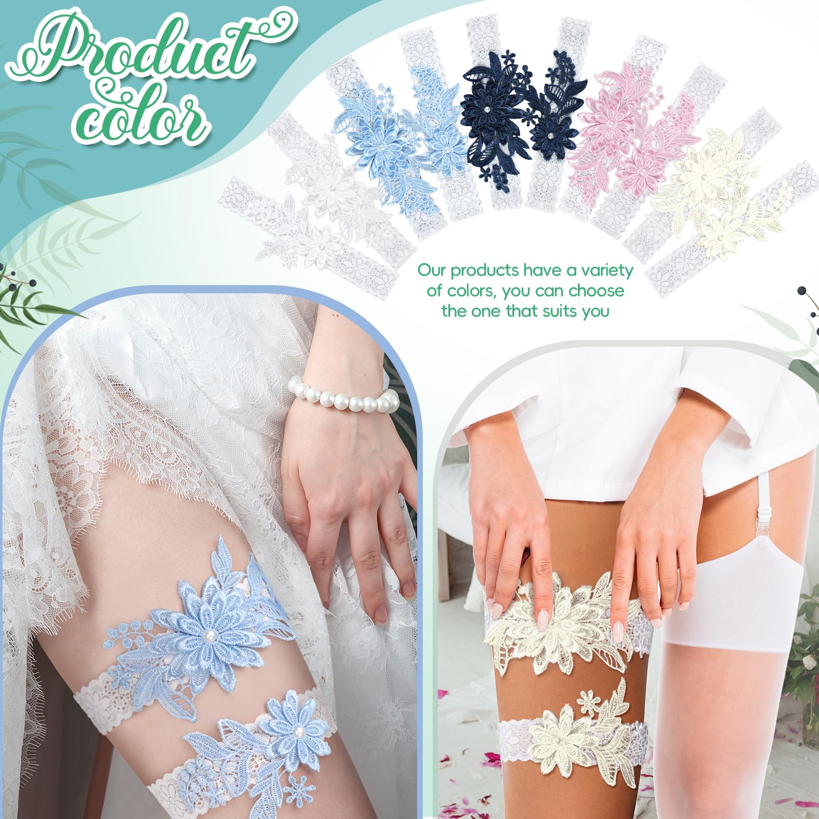 2 Pieces Wedding Garters for Bride Sexy Lace Leg Garter Belt Hand Sewn Faux Pearls Bride Garter Set(Sky Blue)