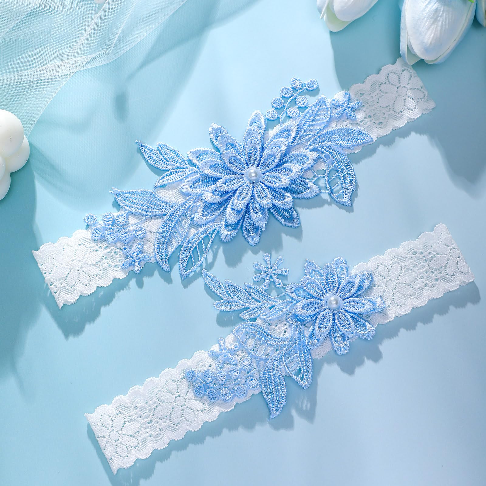 2 Pieces Wedding Garters for Bride Sexy Lace Leg Garter Belt Hand Sewn Faux Pearls Bride Garter Set(Sky Blue)