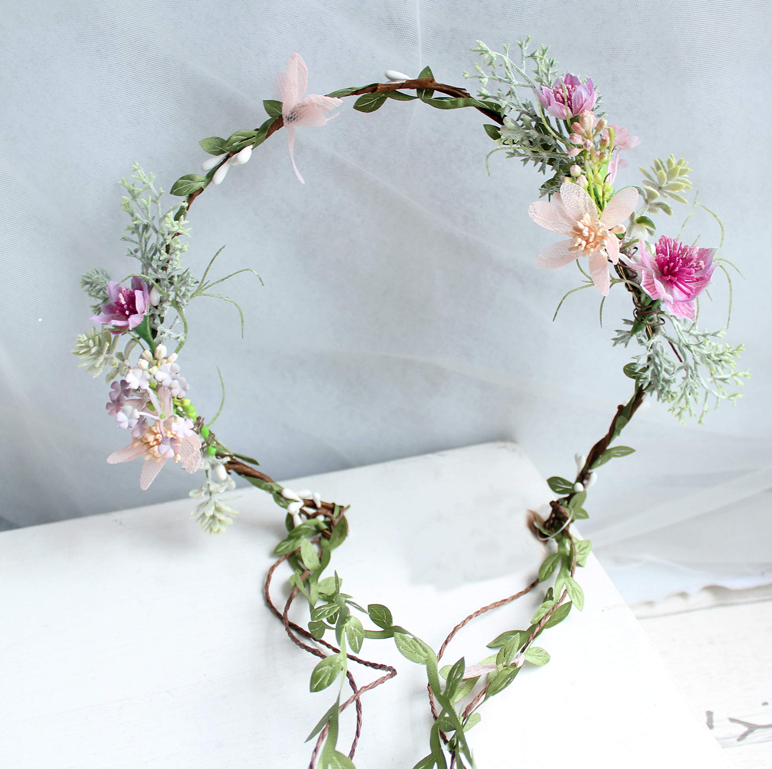 Vivivalue Vine Flower Crown Boho Flower Headband Hair Wreath Floral Headpiece Halo with Ribbon Wedding Party Photos Festival