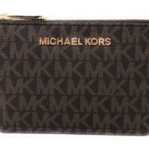 Michael Kors Jet Set Travel Small Top Zip Signature Leather Coin Pouch ID Card Case Wallet In Brown/Acorn