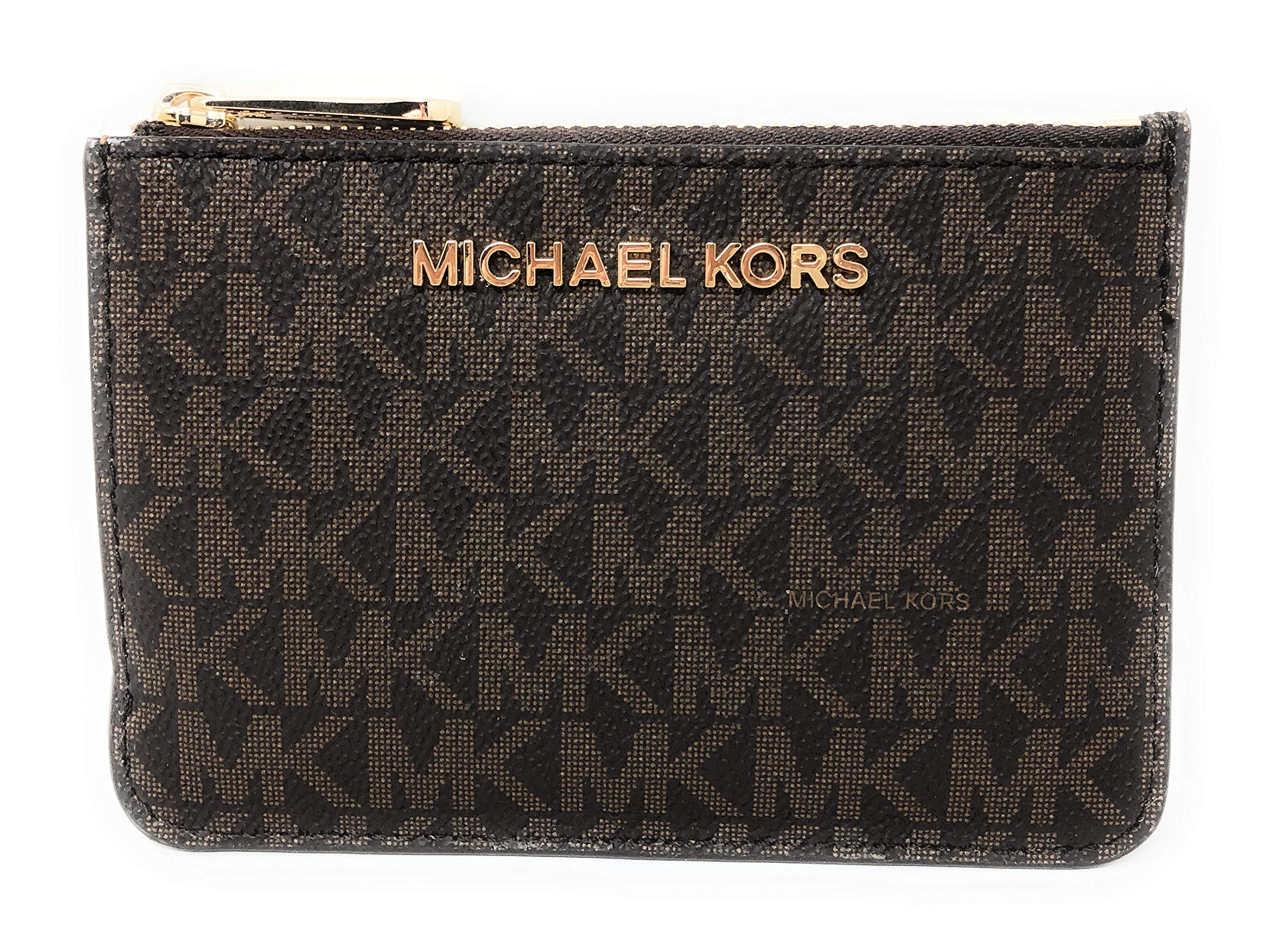 Michael Kors Jet Set Travel Small Top Zip Signature Leather Coin Pouch ID Card Case Wallet In Brown/Acorn