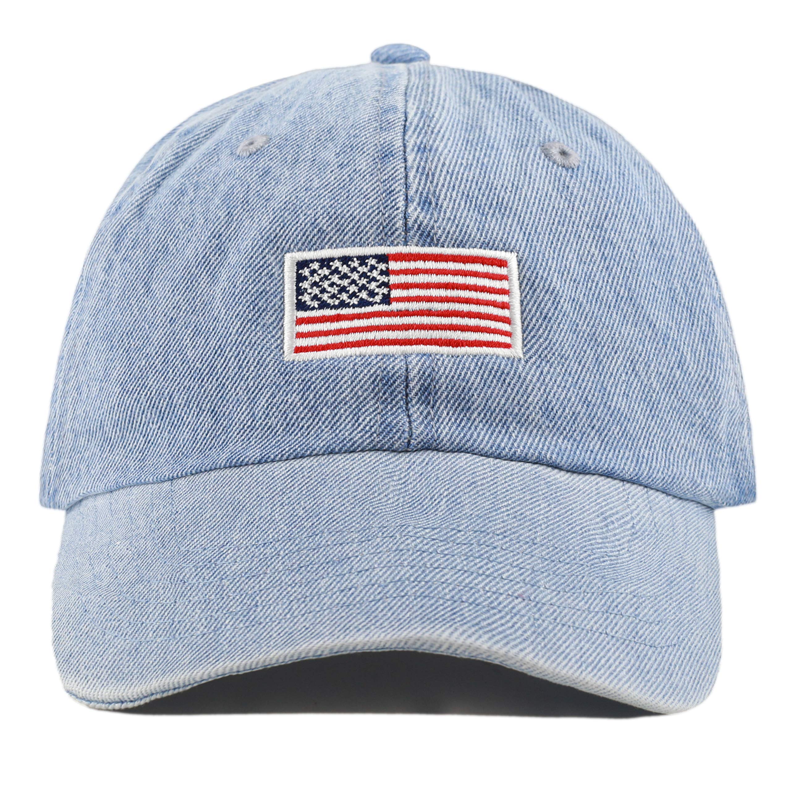 USA Flag & Embroidery Premium 100% Cotton Low Profile Adjustable Baseball Dad Cap (Flag - Light Denim)