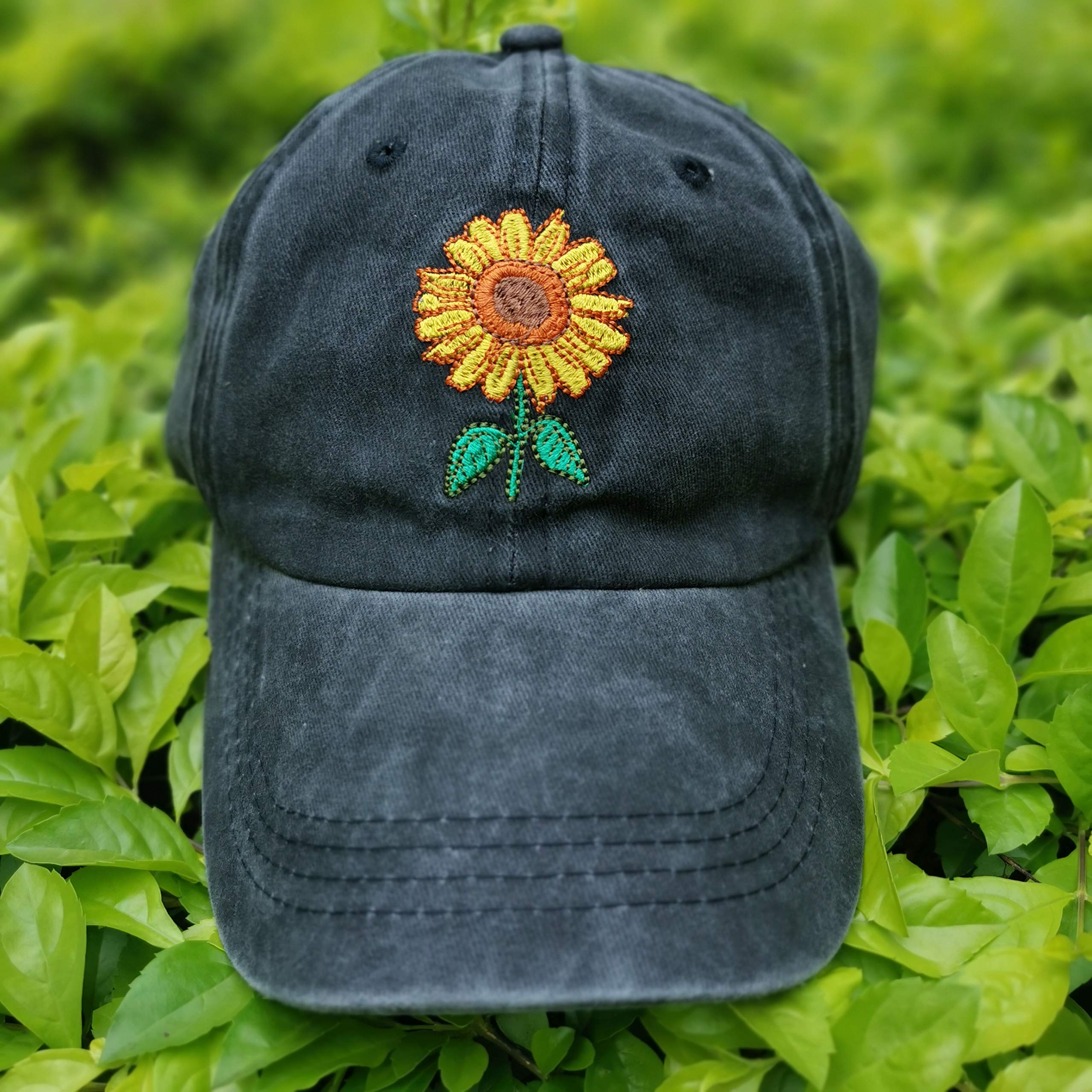 Waldeal Women's Embroidered Sunflowers Baseball Cap Adjustable Distressed Vintage Summer Dad Hat Black