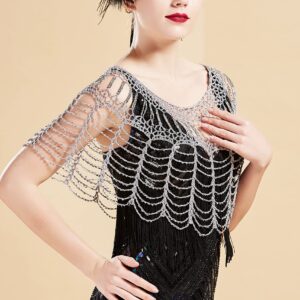 BABEYOND 1920s Shawl Wraps Beaded Net Evening Cap Wedding Bridal Shawl Scarf (Silver)