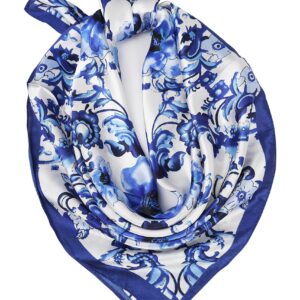 YOUR SMILE 100% Silk Scarf Women’s Fashion Pattern Large Square Satin Headscarf Headdress 24''x24'',Blue Flower