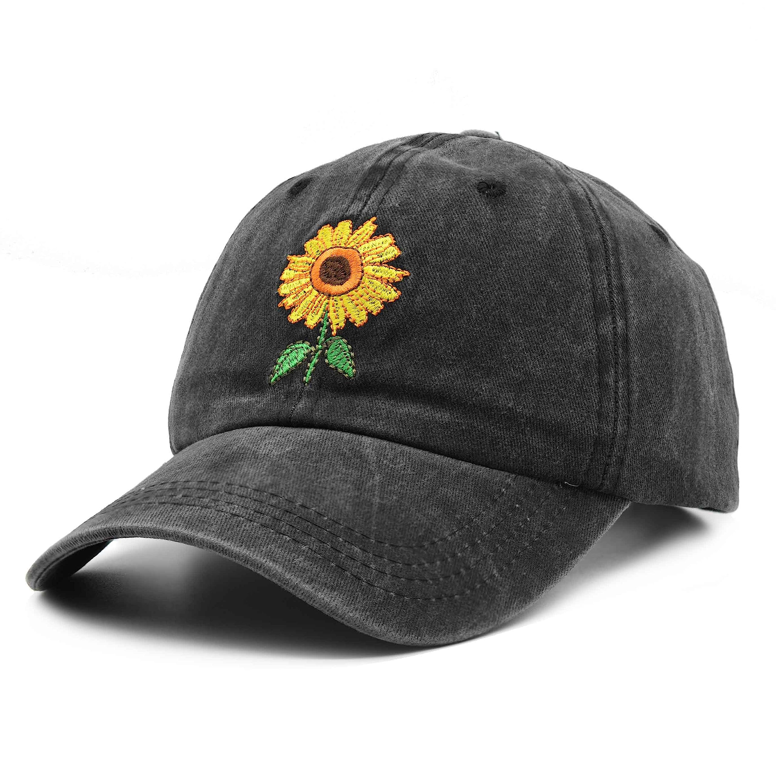 Waldeal Women's Embroidered Sunflowers Baseball Cap Adjustable Distressed Vintage Summer Dad Hat Black