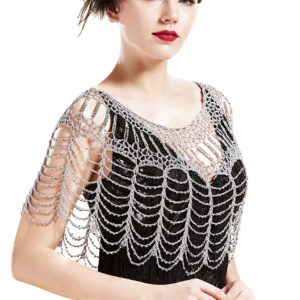 BABEYOND 1920s Shawl Wraps Beaded Net Evening Cap Wedding Bridal Shawl Scarf (Silver)