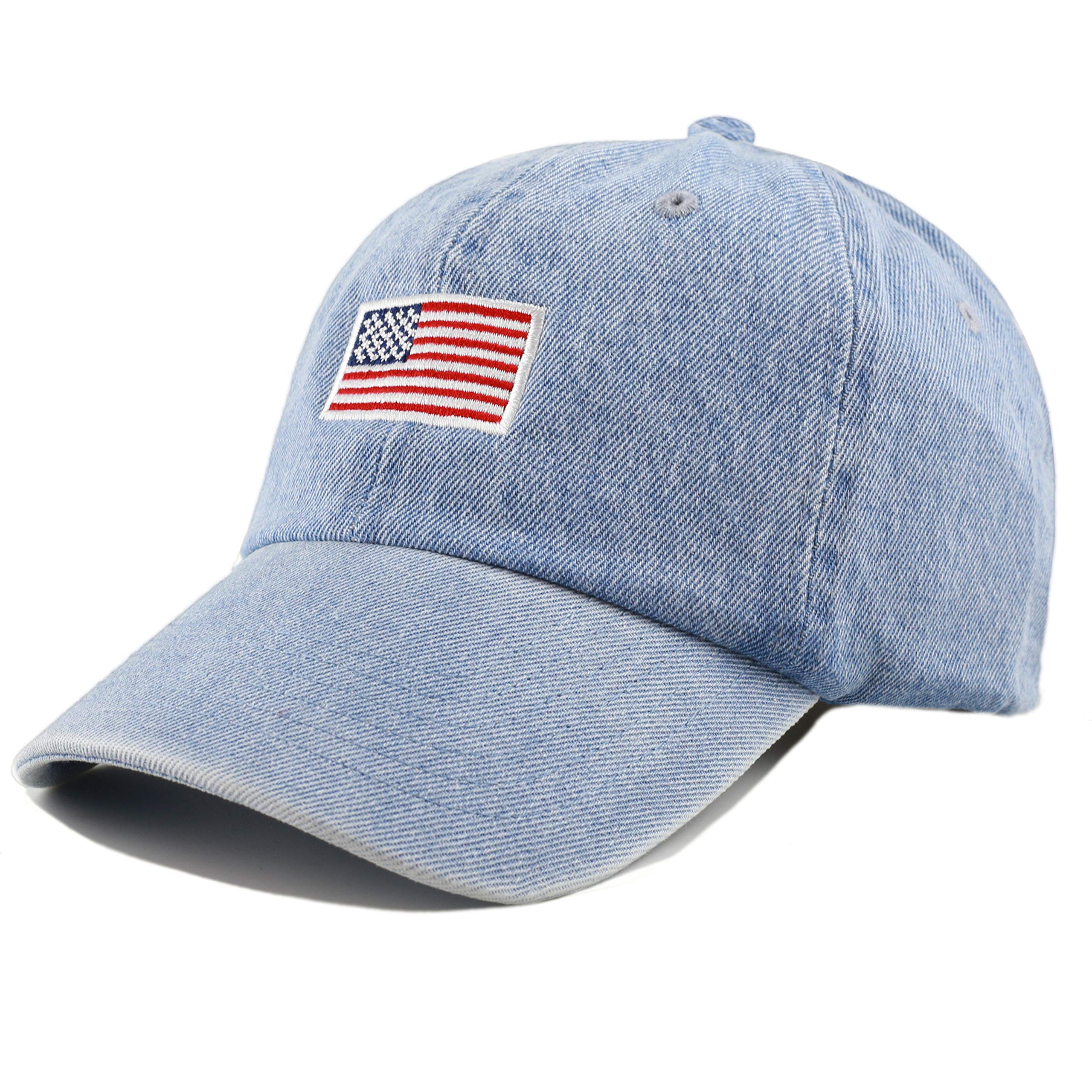 USA Flag & Embroidery Premium 100% Cotton Low Profile Adjustable Baseball Dad Cap (Flag - Light Denim)