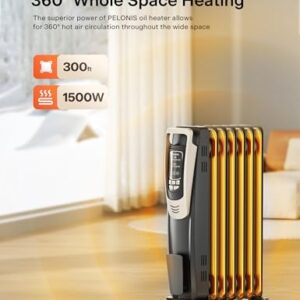 PELONIS Champagne Oil Filled Radiator Heater with Remote and Thermostat, 5 Temperature Settings for indoor use Large Room, Energy Efficient Electric Space heater with Safety Features