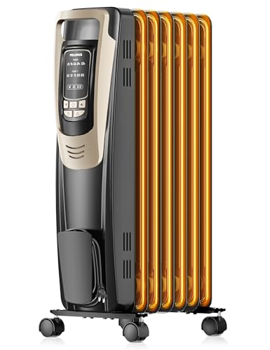 PELONIS Champagne Oil Filled Radiator Heater with Remote and Thermostat, 5 Temperature Settings for indoor use Large Room, Energy Efficient Electric Space heater with Safety Features