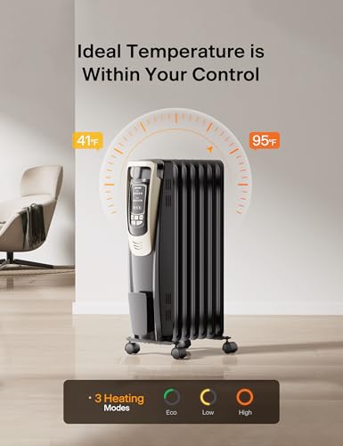 PELONIS Champagne Oil Filled Radiator Heater with Remote and Thermostat, 5 Temperature Settings for indoor use Large Room, Energy Efficient Electric Space heater with Safety Features