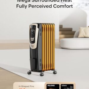 PELONIS Champagne Oil Filled Radiator Heater with Remote and Thermostat, 5 Temperature Settings for indoor use Large Room, Energy Efficient Electric Space heater with Safety Features