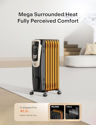 PELONIS Champagne Oil Filled Radiator Heater with Remote and Thermostat, 5 Temperature Settings for indoor use Large Room, Energy Efficient Electric Space heater with Safety Features