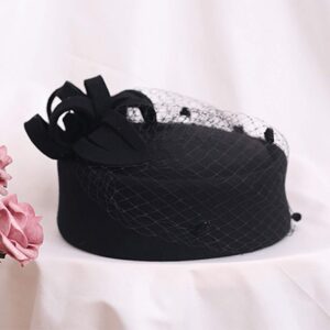 Z&X British Vintage Wool Felt Pillbox Hat Ladies Church Derby Winter Fascinator Hat Veil Flower Fedoras Black