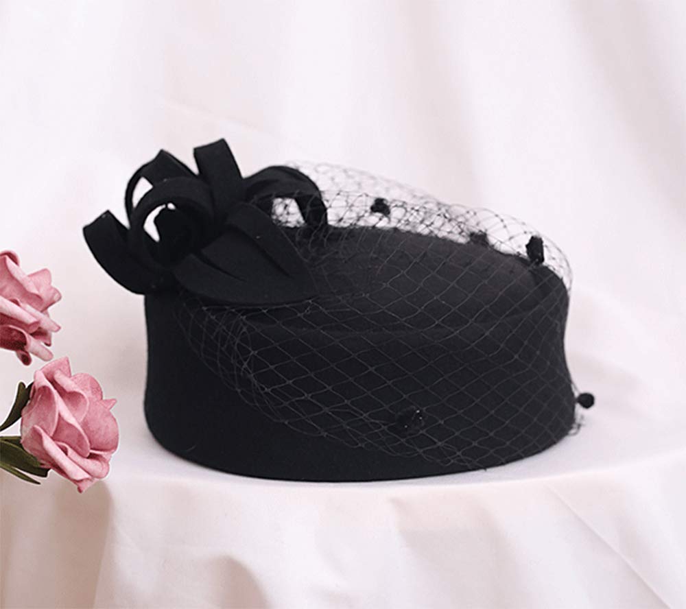 Z&X British Vintage Wool Felt Pillbox Hat Ladies Church Derby Winter Fascinator Hat Veil Flower Fedoras Black