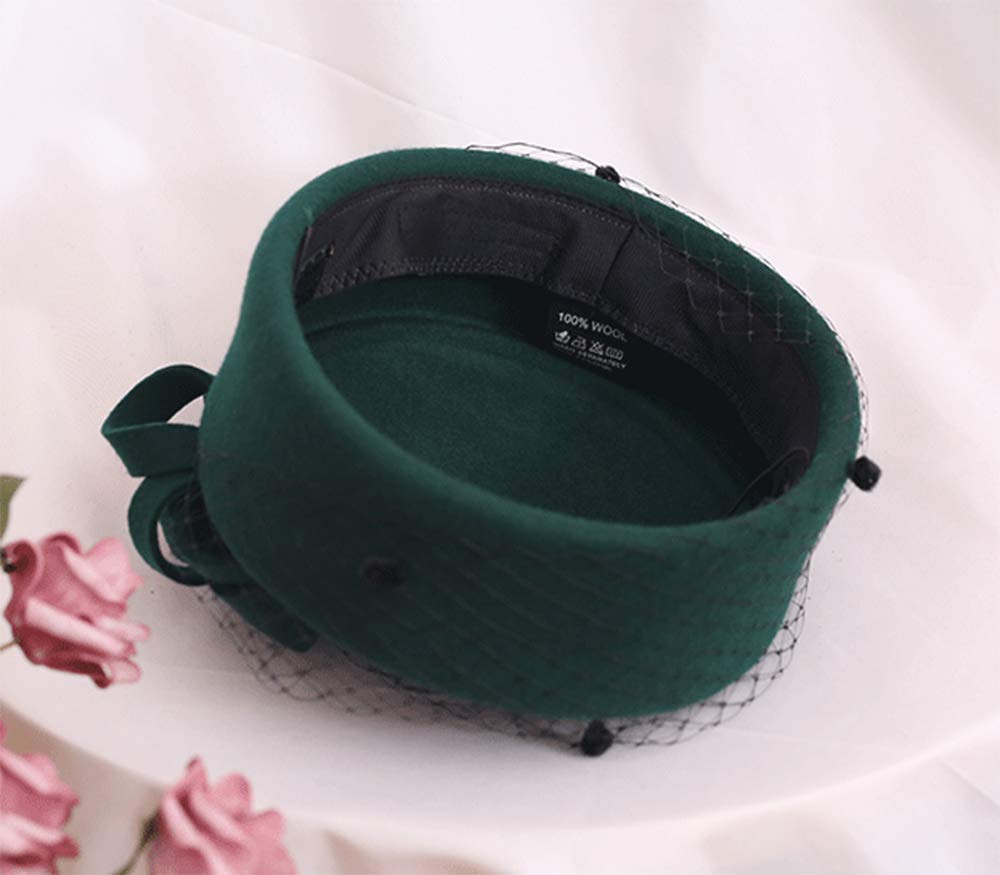 Z&X British Vintage Wool Felt Pillbox Hat Ladies Church Derby Winter Fascinator Hat Veil Flower Fedoras Green