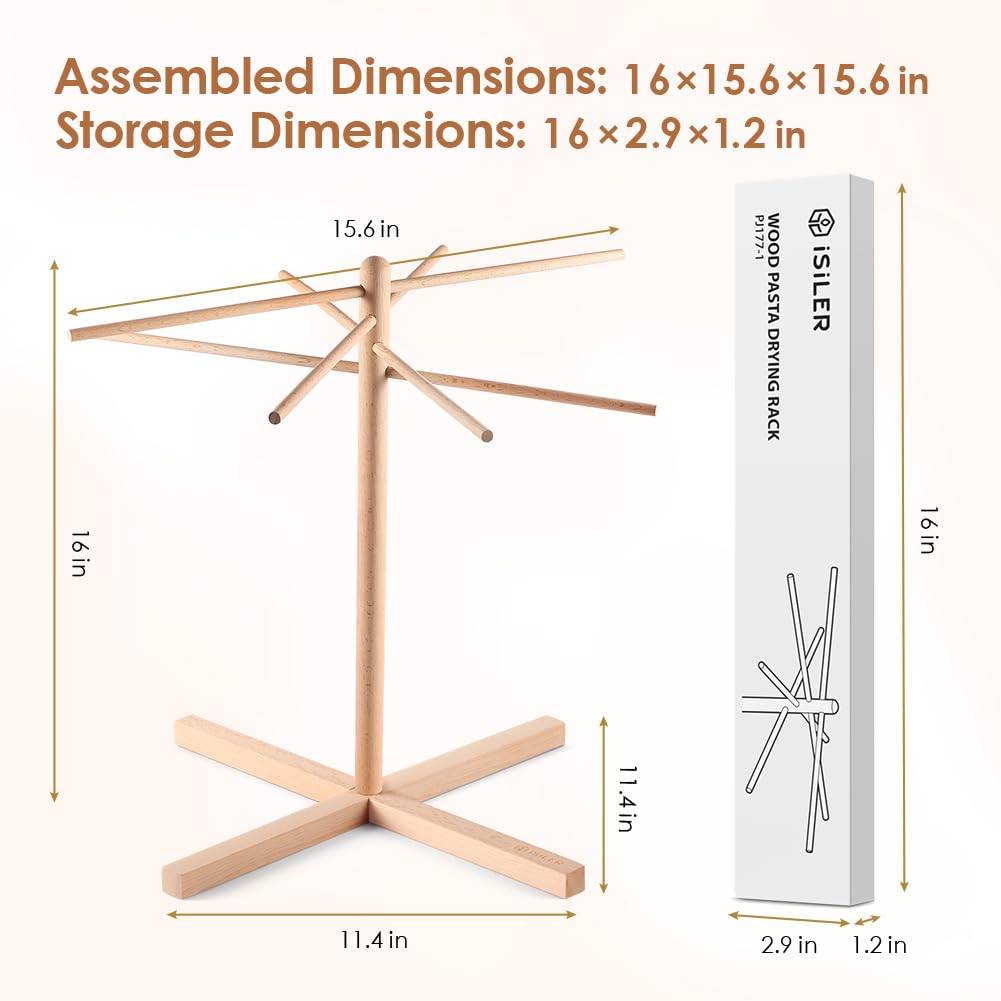 iSiLER Natural Beech Wood Pasta Drying Rack with 8 Branches, Easy to Transfer for Drying Pasta and Spaghetti, Special Suspension Design for Storage