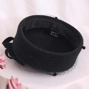 Z&X British Vintage Wool Felt Pillbox Hat Ladies Church Derby Winter Fascinator Hat Veil Flower Fedoras Black