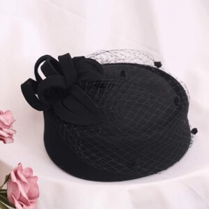 Z&X British Vintage Wool Felt Pillbox Hat Ladies Church Derby Winter Fascinator Hat Veil Flower Fedoras Black