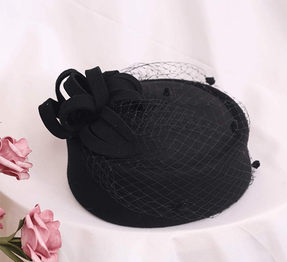 Z&X British Vintage Wool Felt Pillbox Hat Ladies Church Derby Winter Fascinator Hat Veil Flower Fedoras Black