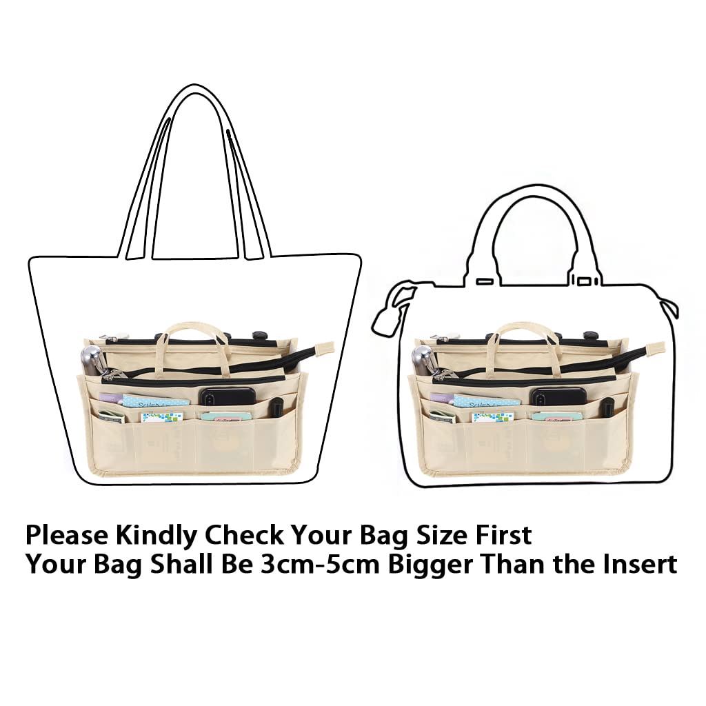 BTSKY Printing Handbag Organizers Inside Purse Insert - High Capacity 13 Pockets Bag Tote Organizer with Handle Beige