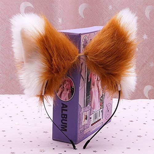 Fxaelian Animal Anime Faux Fur Fox Wolf Cat Dog Ears Headband Halloween Cosplay Costume Party Headbands Headpiece for Women Men Adult Light Brown