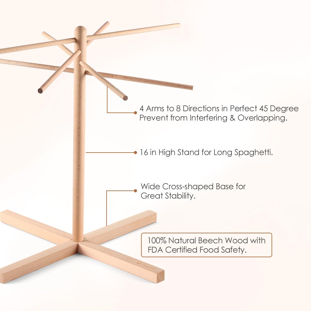 iSiLER Natural Beech Wood Pasta Drying Rack with 8 Branches, Easy to Transfer for Drying Pasta and Spaghetti, Special Suspension Design for Storage