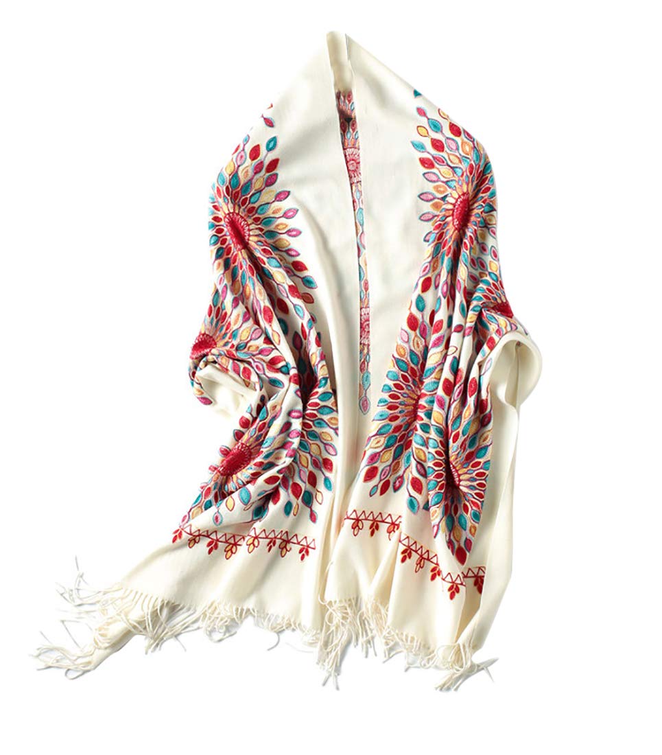 Urban CoCo Women's Embroidered Oversize Tassel Shawl Scarf Wraps for Women(Beige)