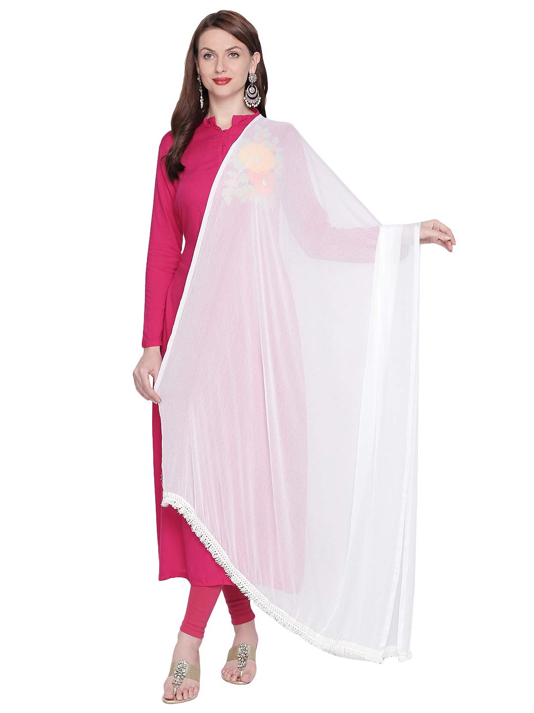 DUPATTA BAZAAR Woman's White Chiffon Dupatta with lace on border.