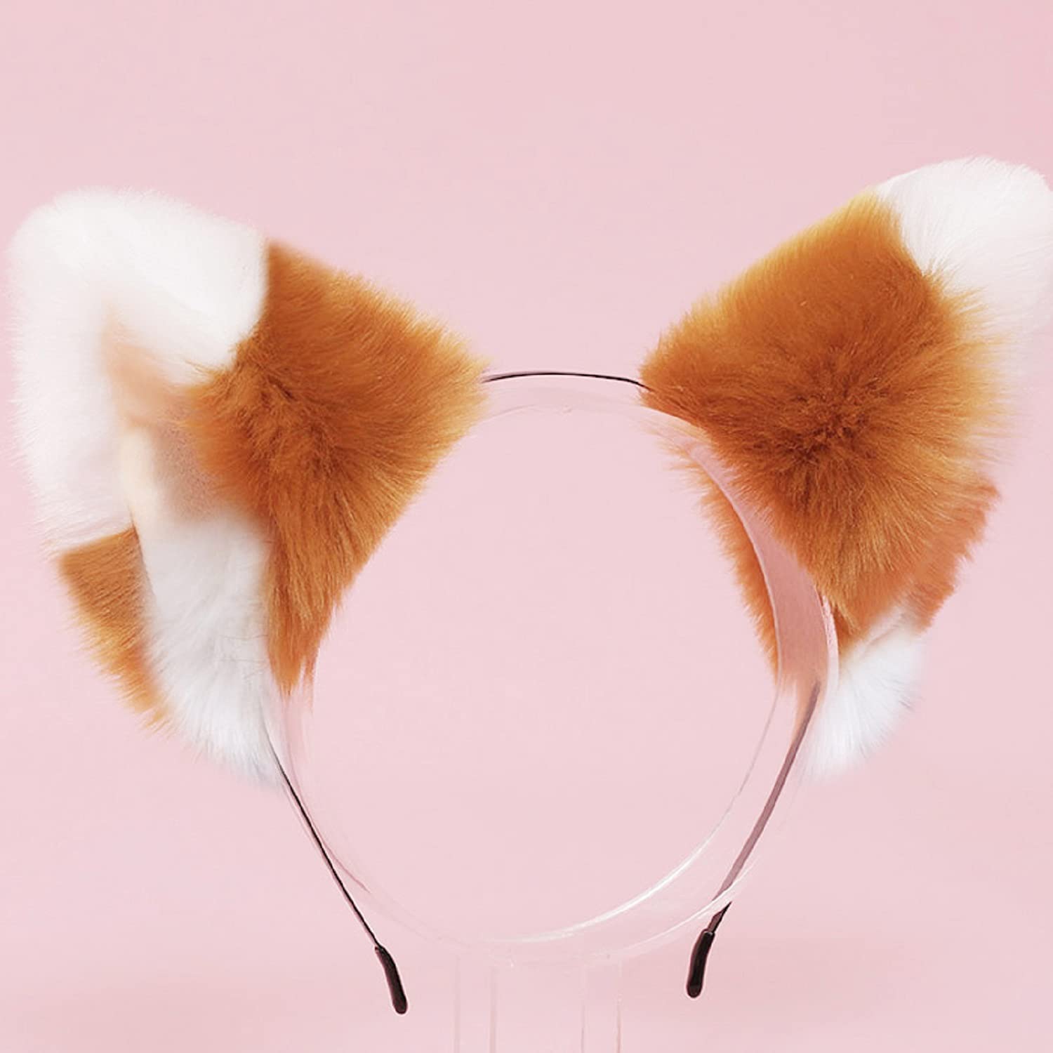 Fxaelian Animal Anime Faux Fur Fox Wolf Cat Dog Ears Headband Halloween Cosplay Costume Party Headbands Headpiece for Women Men Adult Light Brown