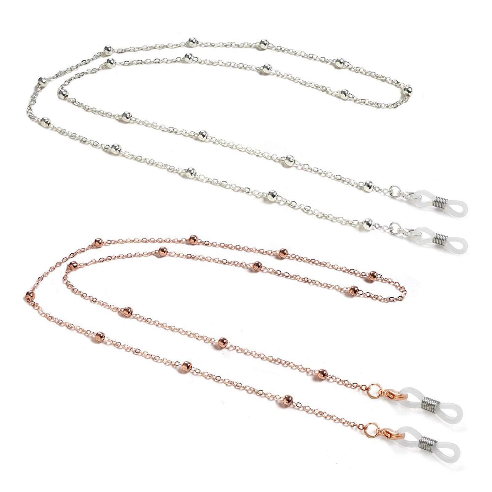 ZOORON Eyeglass Chains for Women, Premium Beaded Eyeglass Necklace Chain Cord, Eye Glasses String Holder 2Pack-Rose Gold & Silver