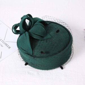 Z&X British Vintage Wool Felt Pillbox Hat Ladies Church Derby Winter Fascinator Hat Veil Flower Fedoras Green