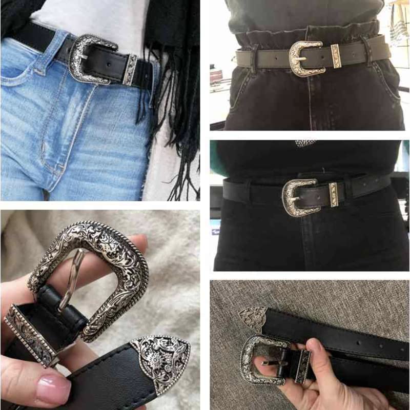 INOGIH Western-Leather-Belts-Women Vintage Waist-Belts with Hollow Out Flower Buckle