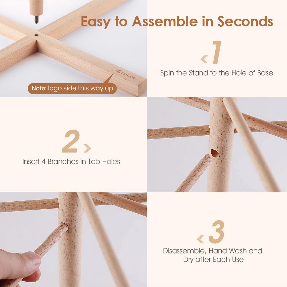 iSiLER Natural Beech Wood Pasta Drying Rack with 8 Branches, Easy to Transfer for Drying Pasta and Spaghetti, Special Suspension Design for Storage