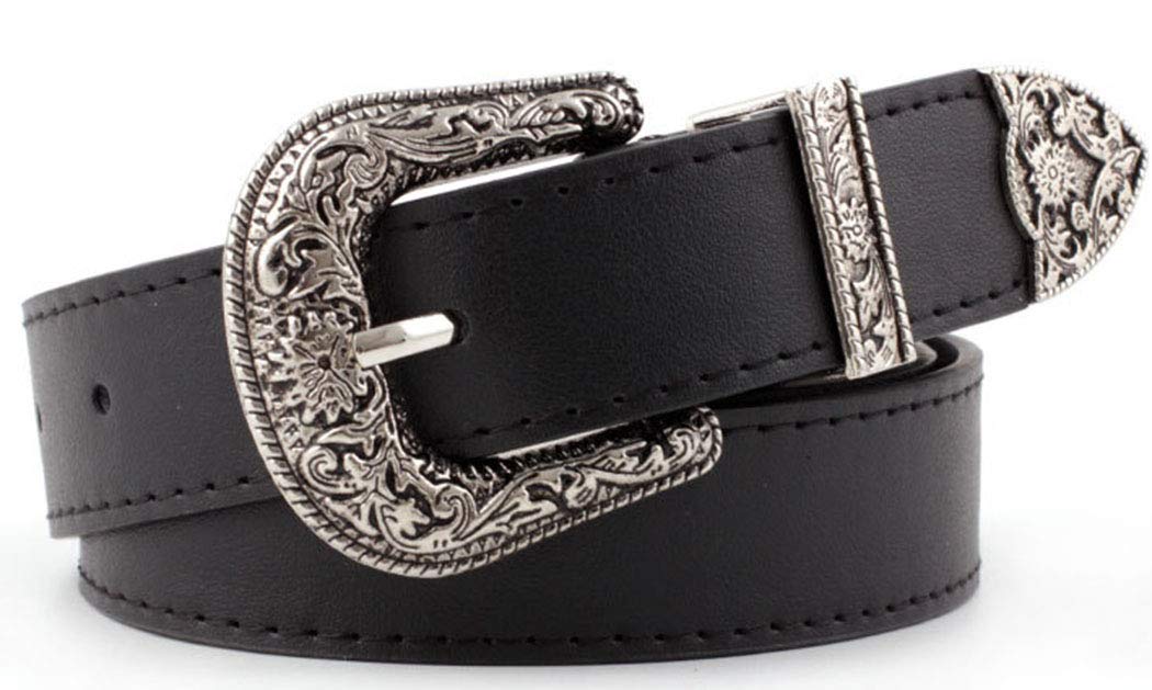 INOGIH Western-Leather-Belts-Women Vintage Waist-Belts with Hollow Out Flower Buckle