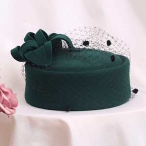 Z&X British Vintage Wool Felt Pillbox Hat Ladies Church Derby Winter Fascinator Hat Veil Flower Fedoras Green