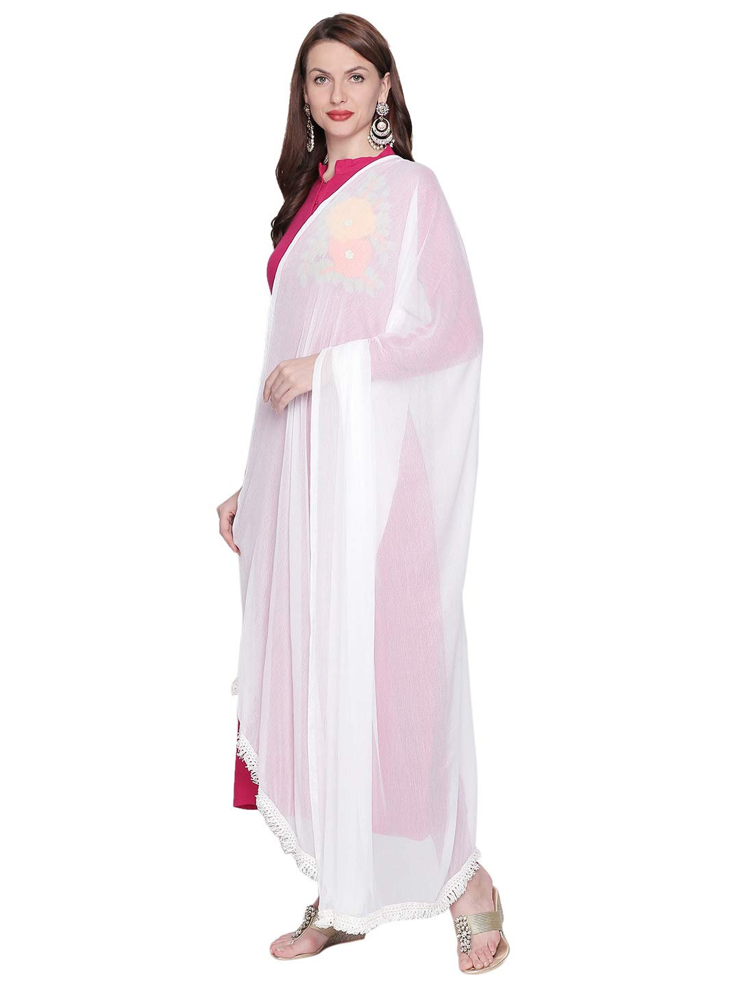 DUPATTA BAZAAR Woman's White Chiffon Dupatta with lace on border.