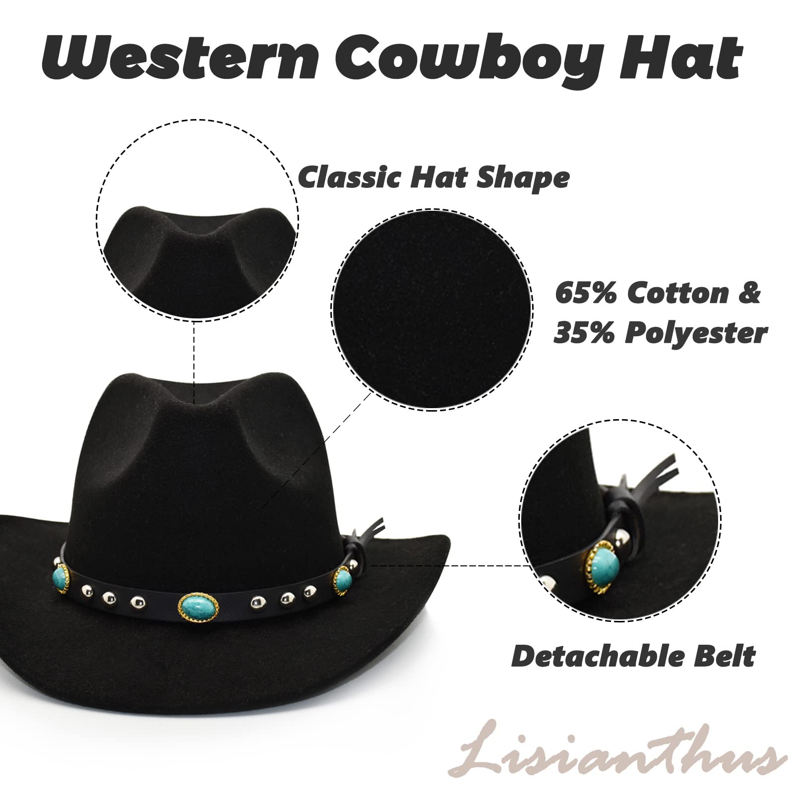 Lisianthus Felt Wide Brim Western Cowboy Hat for Men & Women Stone-Black